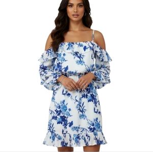 Pretty Little Thing Ruffled Mini Dress Blue White Floral Off Shoulder Tiered